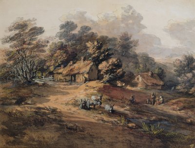 Bauern und Esel in der Nähe von Hütten am Waldrand von Thomas Gainsborough